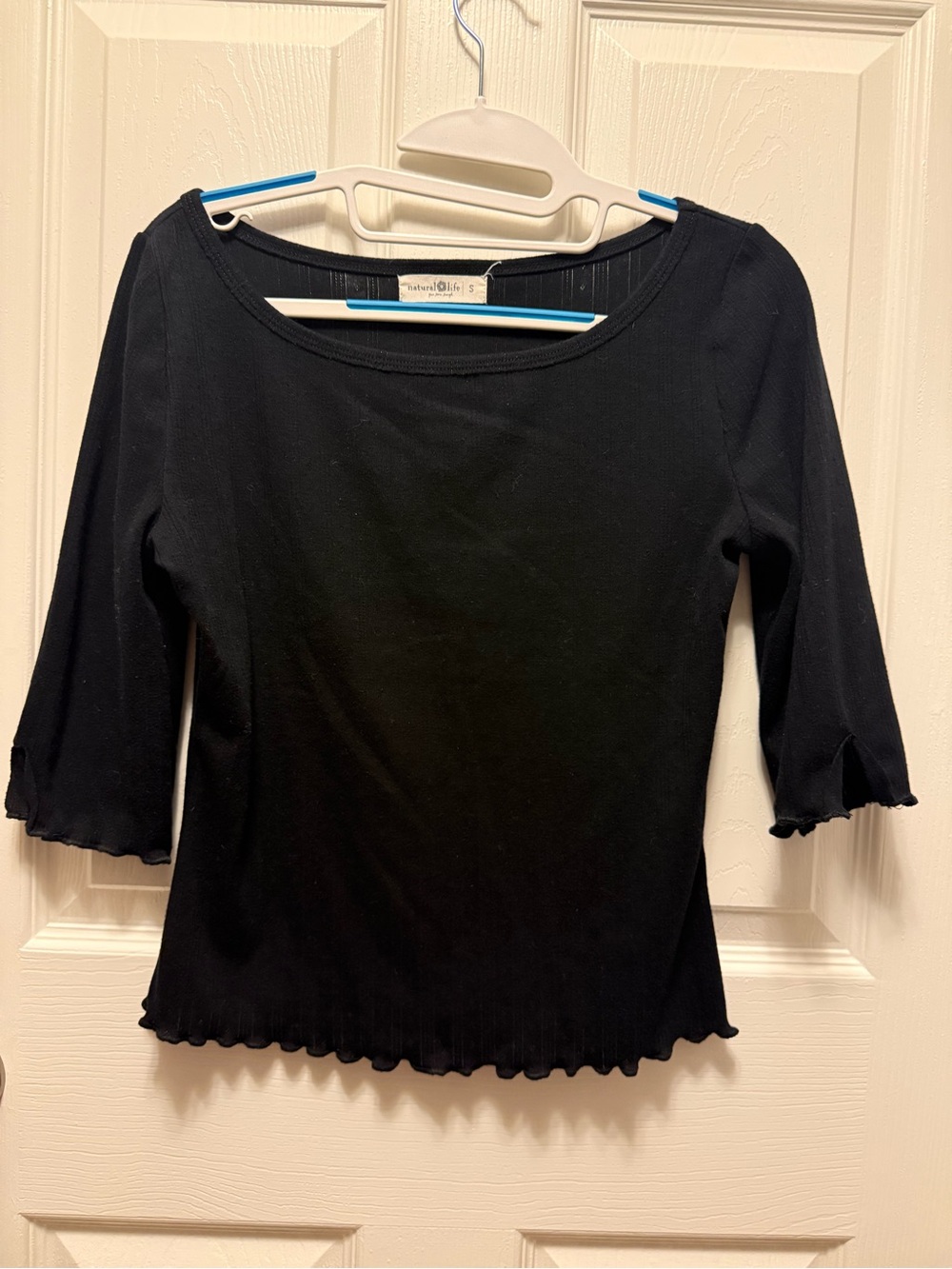 NATURAL LIFE Black Ribbed Scoop Neck Top with Lettuce Hem